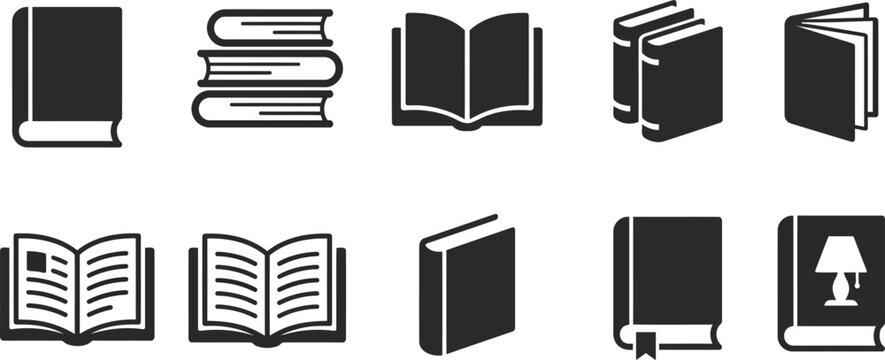 Collection of monochrome book icons showing various perspectives and arrangements