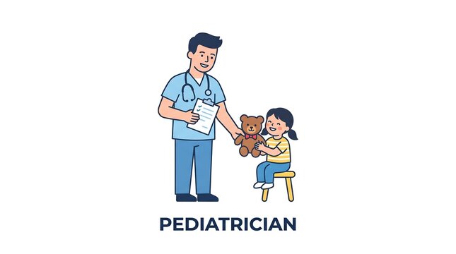 Pediatrician giving teddy bear to child patient in medical clinic vector illustration