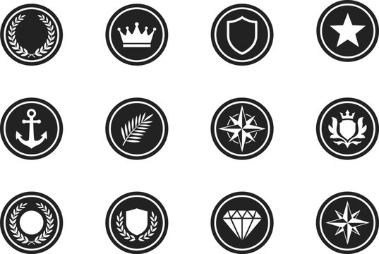 Collection of twelve black and white circular emblems with various symbols and designs