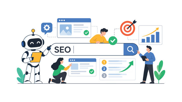 Robot and human professionals collaborating on search engine optimization strategy with analytics charts and target interface elements for digital marketing success