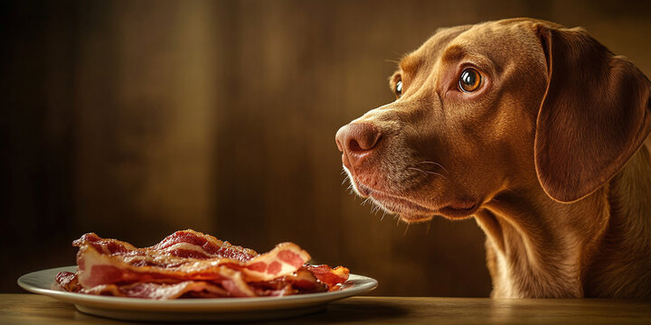 A loyal dog, scientifically known as Canis lupus familiaris, gazes longingly with eager anticipation at a plate of freshly cooked savory bacon sitting on a rustic wooden table indoors for mealtime