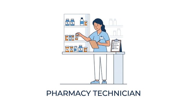 Pharmacy technician organizing medication inventory in hospital pharmacy vector illustration