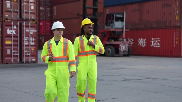 Two freight handlers in fluorescent coveralls walk toward camera and stop to discuss a shipment, one holding a two way radio during a routine shift at the container terminal.