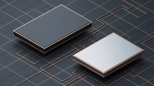 Isometric 3D technology background featuring dual elevated floating platforms in matte graphite and satin silver for product spec comparison