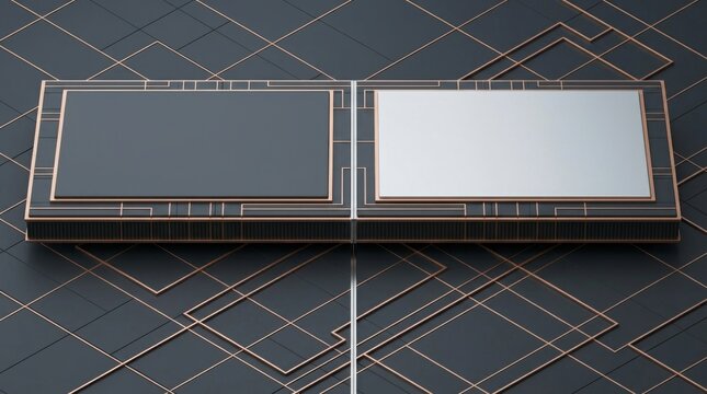 Panoramic technology advertising background featuring dual inset matte display boards on split wide horizon for product spec comparison