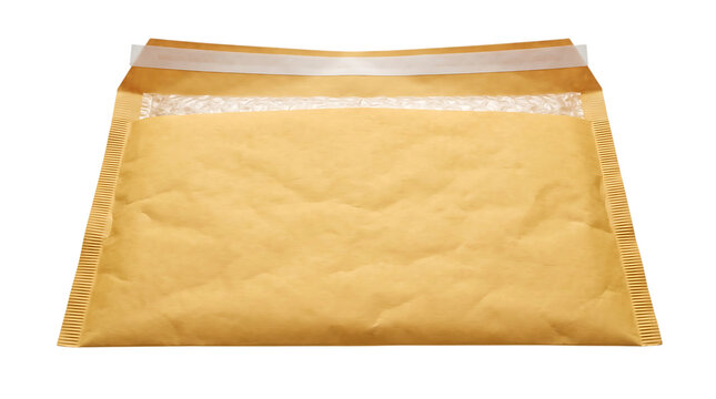 Brown paper envelope with golden edges isolated on transparent background