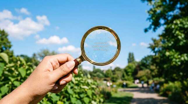 Hand holding a magnifying glass against a clear blue sky and green trees representing search and discovery