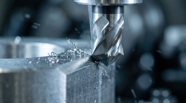 Carbide chamfer mill cutter mid-rotation showing beveled edge geometry and fine metal burrs in a precision workshop