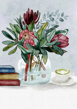 Watercolor Botanical Still Life with Flower Bouquet, Books and Matcha Tea