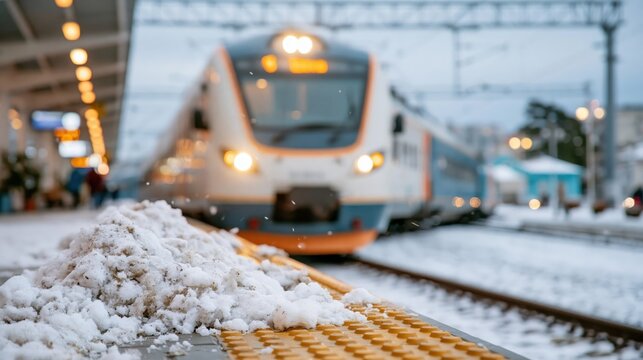 A snowy train station scene captures the anticipation of journeys ahead, as a train approaches the platform surrounded by a picturesque winter landscape.