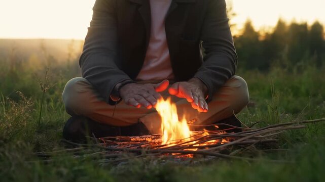 Person seated cross-legged warms both hands above a small branch fire in grassy field, while flickering orange flames light palms and low golden sunlight softens background