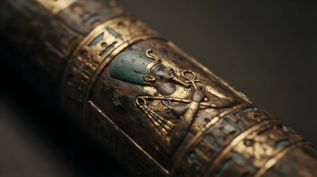 Close-up of ancient Egyptian gilded sceptre with pharaoh relief holding ankh, crook and flail