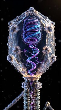 Transparent bacteriophage model fills more of the frame as view moves closer, revealing a faceted capsid with coiled genetic material, detailed tail shaft, and radiating fibers on black