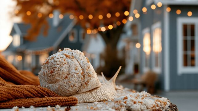 An artistic close-up of a snail shell adorned with fine crumbs, placed on a rustic wooden table, complemented by a charming fall backdrop with warm autumn colors and soft lights.