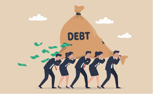 Debt burden, financial obligation or loan payment, heavy load of money failure, mortgage borrowing money problem concept, tried businessman carrying big debt money bag losing money banknotes