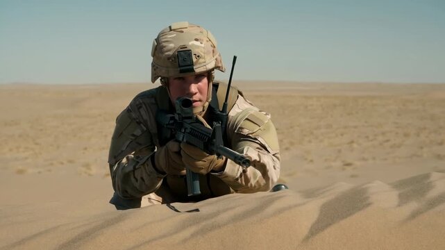 Camouflage-clad armed person crouches behind desert sand dune while aiming rifle forward, then slightly lowers weapon, with tan protective gear and open barren landscape under clear sky