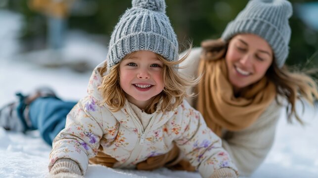 A happy child and mother joyfully play together in the snow, capturing the essence of carefree childhood moments filled with laughter and warmth during a winter day.