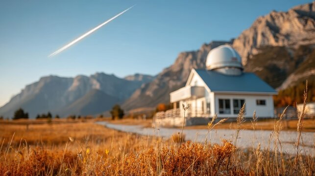A striking observatory situated in the heart of majestic mountains, complemented by golden autumn scenery, showcasing a harmonious blend of nature and human ingenuity.