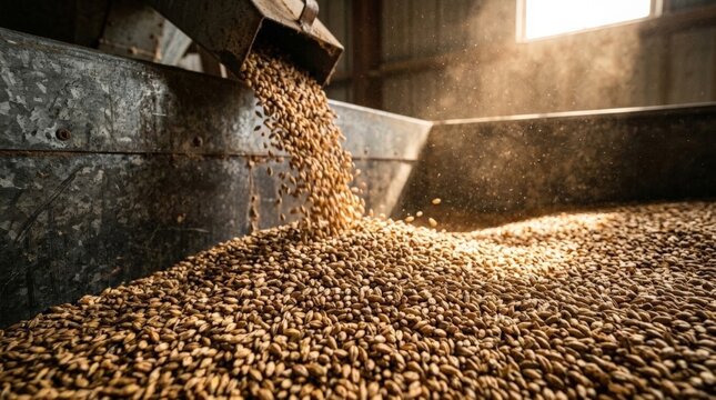 A close up view of malt barley kernels pouring from a metal chute into a large bin during a grain silo harvest inside an agricultural barn under warm lighting, underscoring the grain chute