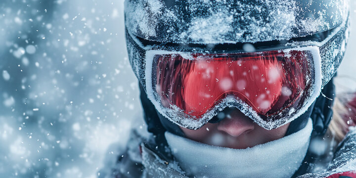 Close up portrait of winter extreme athlete wearing professional ski helmet and protective eyewear with reflection, cold weather season sports lifestyle action photography in snowy mountain resort sce