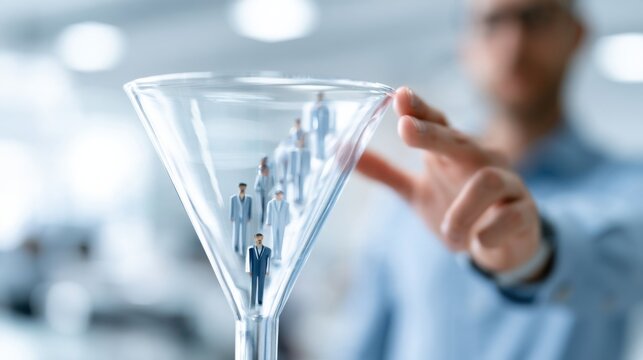 A hand carefully guides a line of small figures through a funnel, illustrating a process of selection or refinement