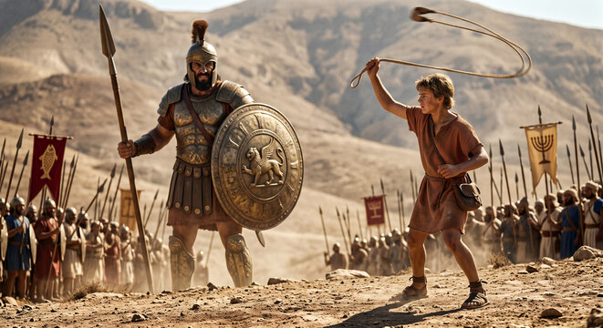 David Preparing to Strike Goliath With His Sling on the Battlefield, Old Testament Story of Faith and Courage
