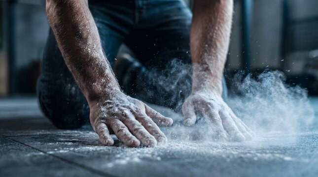 Gymnast applying white magnesium chalk dust onto hands for strong grip.