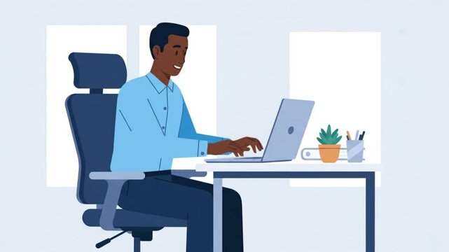 Animated Business Man Typing and Working on Laptop at Office Desk