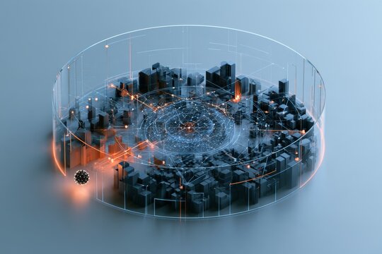 City model with transparent circular elements and glowing details