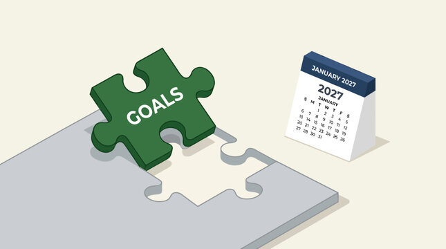 Green goals puzzle piece and January 2027 calendar for new year business planning.