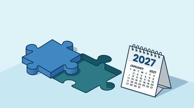 Strategic planning for 2027 shown through an isometric puzzle piece and desk calendar