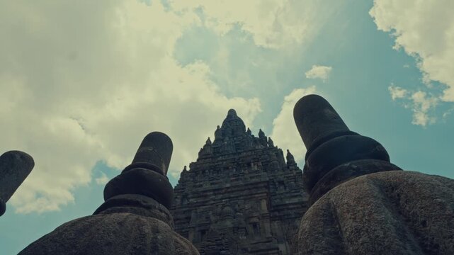Majestic Spire of Prambanan Hindu Temple against Blue Sky