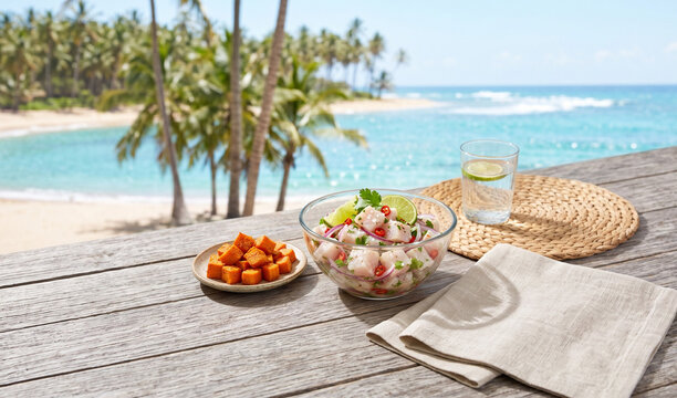 Zesty Ceviche: A glass bowl of white fish ceviche with lime juice, red onion, chili, and cilantro. Cubes of sweet potato on the side. Bright, coastal, refreshing light.