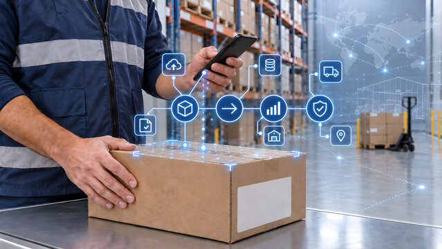 Warehouse worker using smartphone to manage logistics and inventory with digital overlay of icons showing cloud package arrow chart home truck shield and location