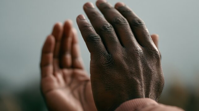 Hands in Prayer: A close-up shot of a person's hands clasped together, seemingly in prayer or deep contemplation, set against a soft, blurred natural background.