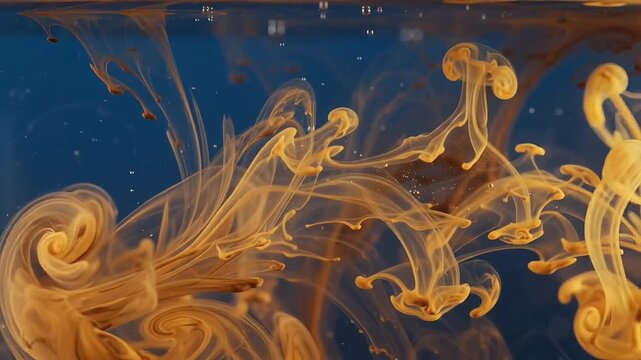 Orange oil paint droplets dispersing in clear water against a blue background