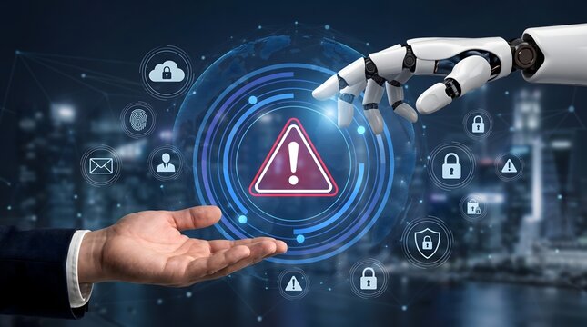 Robot hand and human hand reaching towards a digital warning symbol with security icons around a globe representing AI cybersecurity threats and data protection.