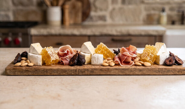 The Charcuterie "River": A long wooden board featuring a winding arrangement of brie, honeycomb, prosciutto ribbons, dried figs, and marcona almonds. 