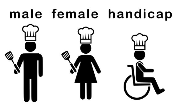 male female handicap holding spatula chef hat cook chef toilet sign signage lavatory water closet monochrome symbol icon white background