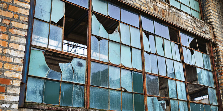 Abandoned industrial building with broken glass windows in a weathered brick wall. Old factory ruin with shattered panes and rusty metal frames showcasing decay, neglect, and urban decay in ruins