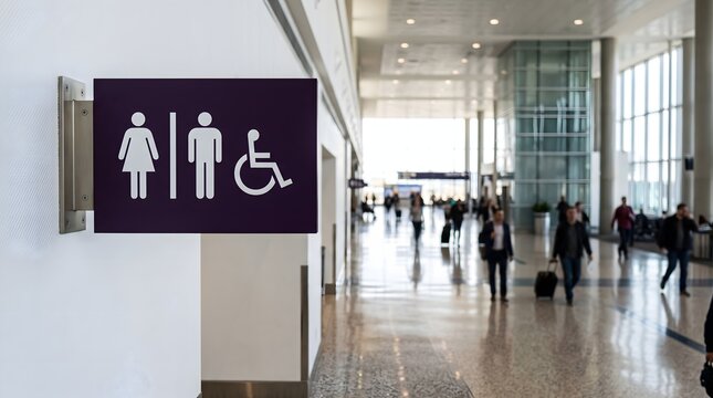 Restroom sign with female male and disabled icons in airport.