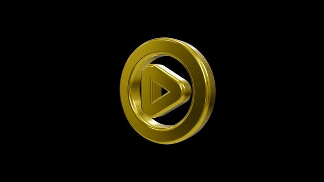 Golden metallic play button icon 3D render on black background
