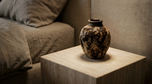 Decorative ceramic vase with abstract patterns placed on minimalist white nightstand in cozy living room