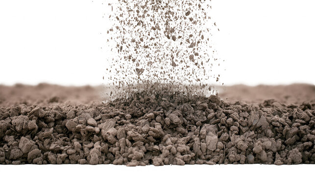 Dark ash particles falling onto a pile of soil on transparent background