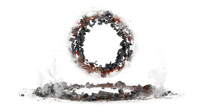 Floating ring of glowing hot coal embers with circular arrangement on transparent background