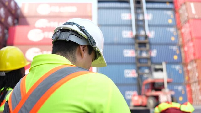 Over the shoulder view of two dock workers in hard hats watching a reach stacker slot a container into a tall coloured stack during a routine shift at the container terminal.