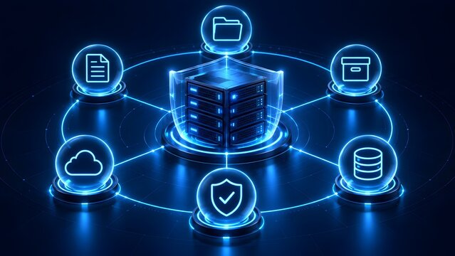 Advanced cybersecurity network concept featuring central server rack protected by glowing shield surrounded by cloud storage and data management icons.