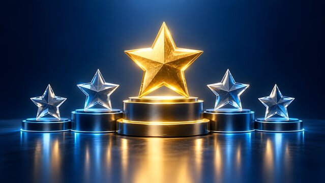 Premium five star rating concept with central glowing golden star and crystal stars on elegant podiums representing excellent customer service and top quality review.