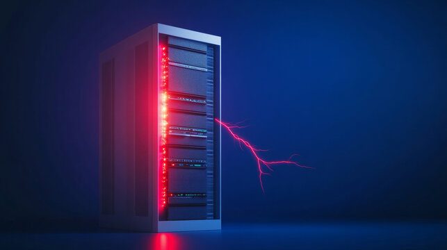 Concept illustration of red lightning striking server racks indicating system error and cyber attack