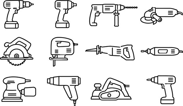 Power Tools Icon Set &ndash; Drill, Grinder, Saw and Electric Workshop Tools